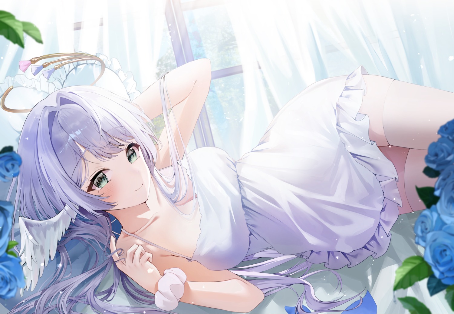 doka_l dress halo honkai:_star_rail robin summer_dress thighhighs wings