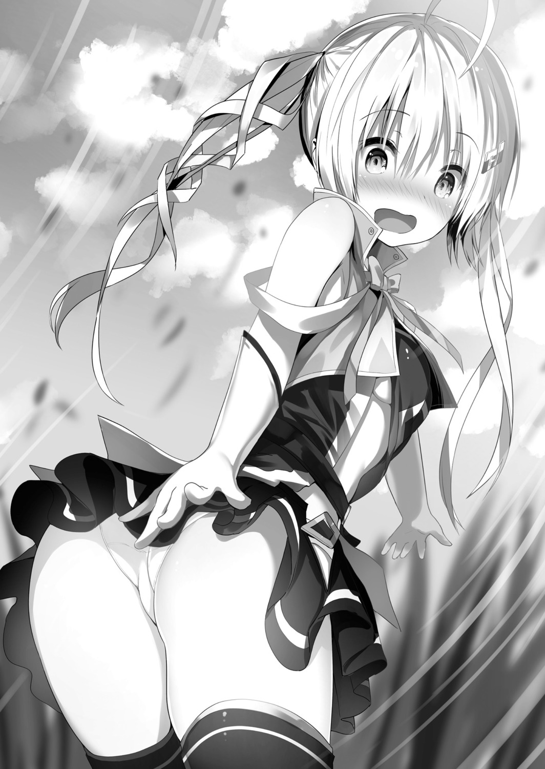 ass monochrome pantsu skirt_lift sune_(mugendai) thighhighs