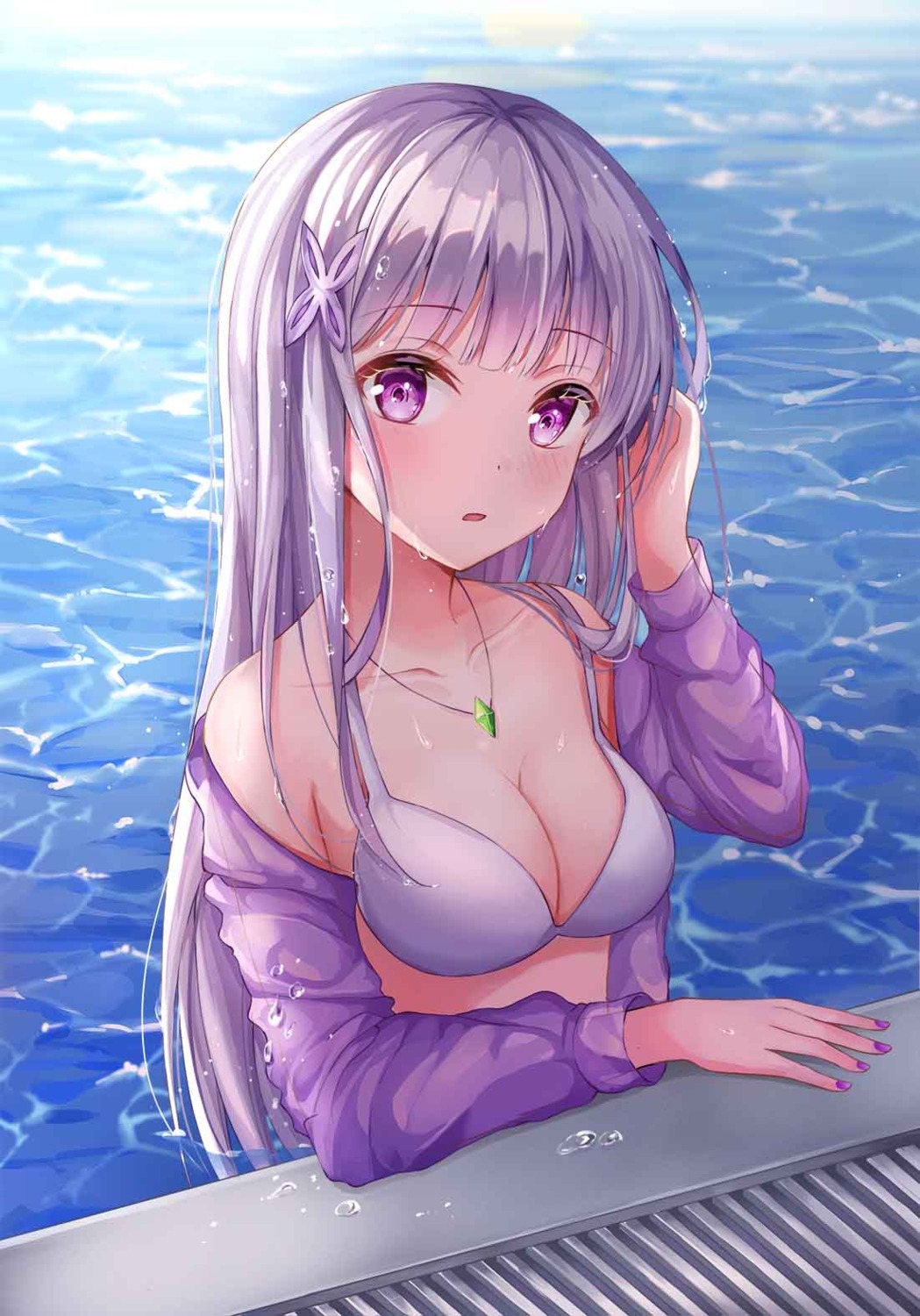 bikini_top cleavage emilia_(re_zero) open_shirt re_zero_kara_hajimeru_isekai_seikatsu ssum_(ehf_dustk) swimsuits wet