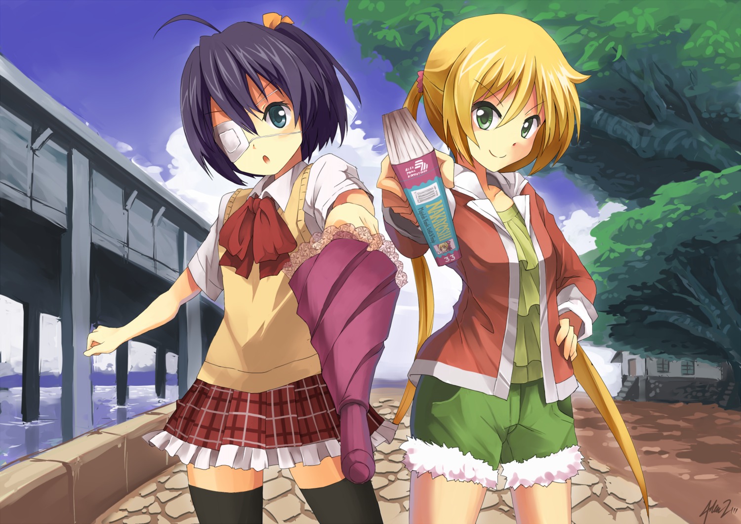 chuunibyou_demo_koi_ga_shitai! crossover eyepatch hayate_no_gotoku mystic_flame sanzenin_nagi seifuku takanashi_rikka thighhighs umbrella