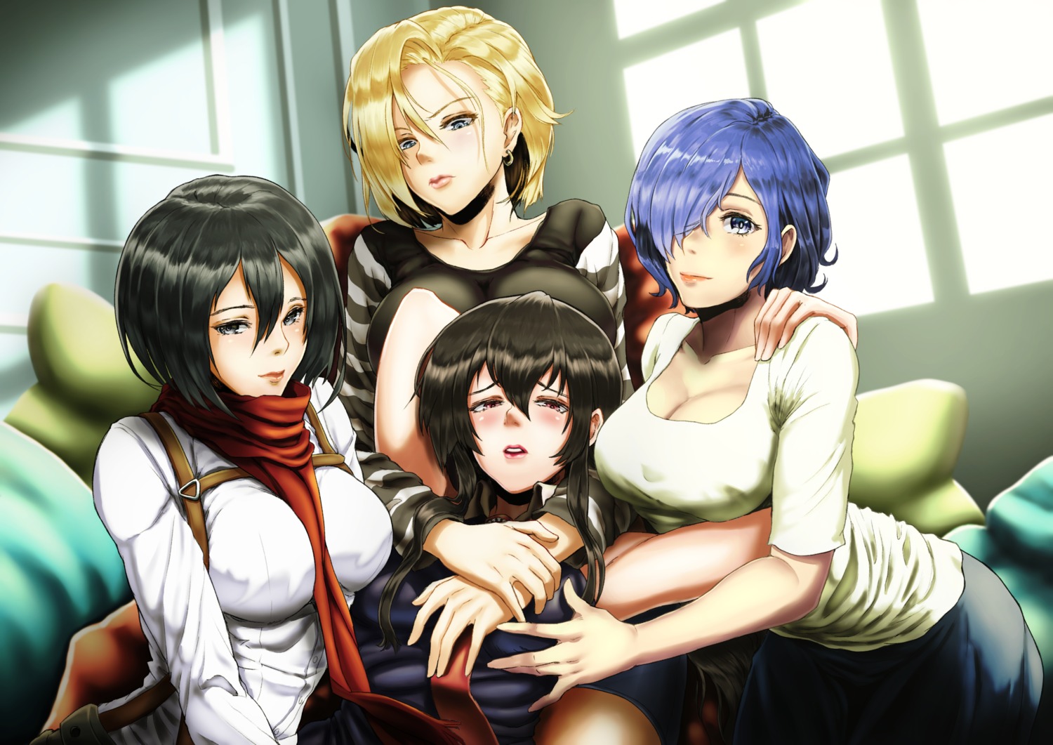 akame akame_ga_kill! android_18 breast_grab cleavage crossover dragon_ball dragon_ball_z kirishima_touka mikasa_ackerman pantyhose scrson shingeki_no_kyojin tokyo_ghoul