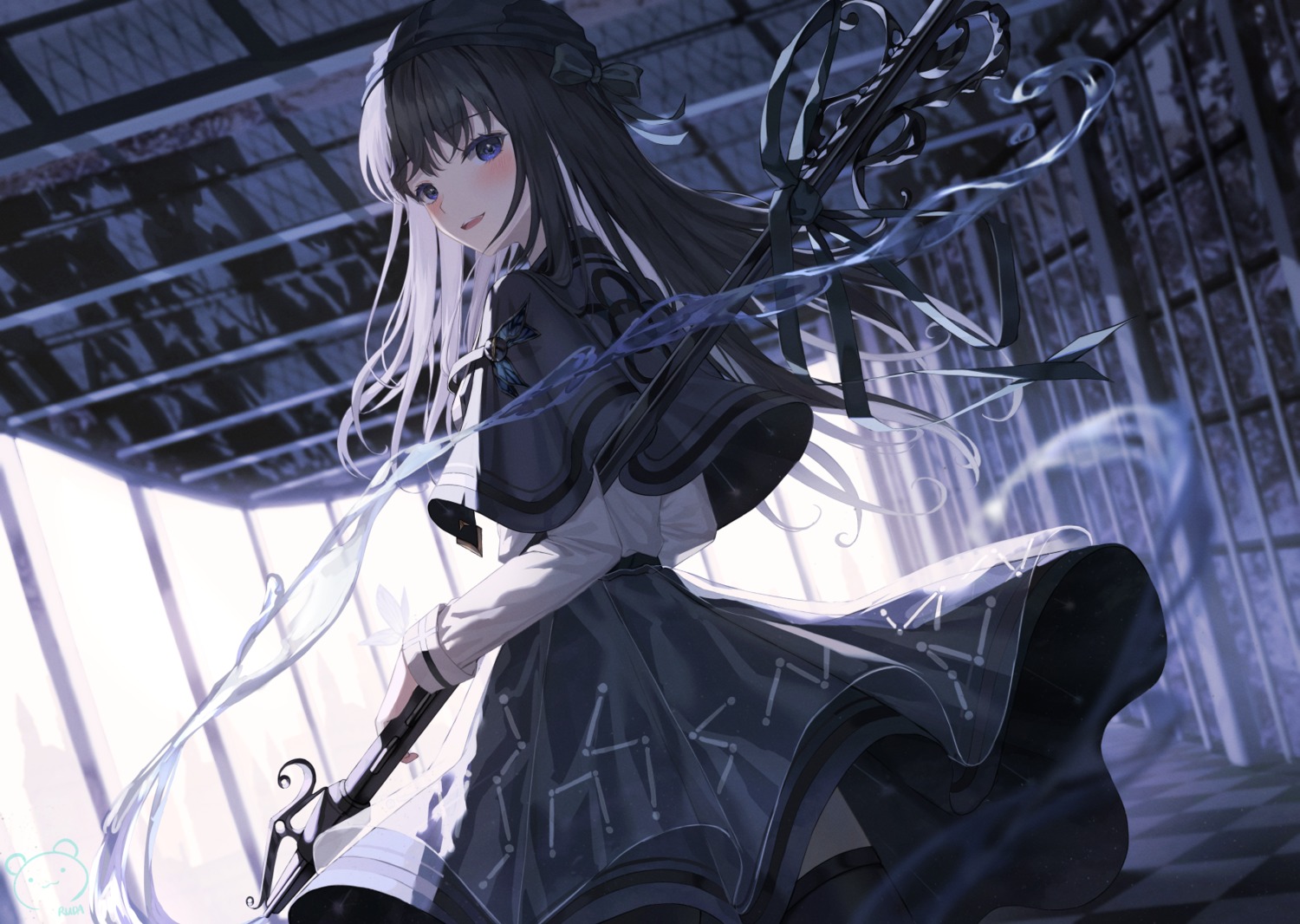 ruda_(ruda_e) skirt_lift thighhighs weapon