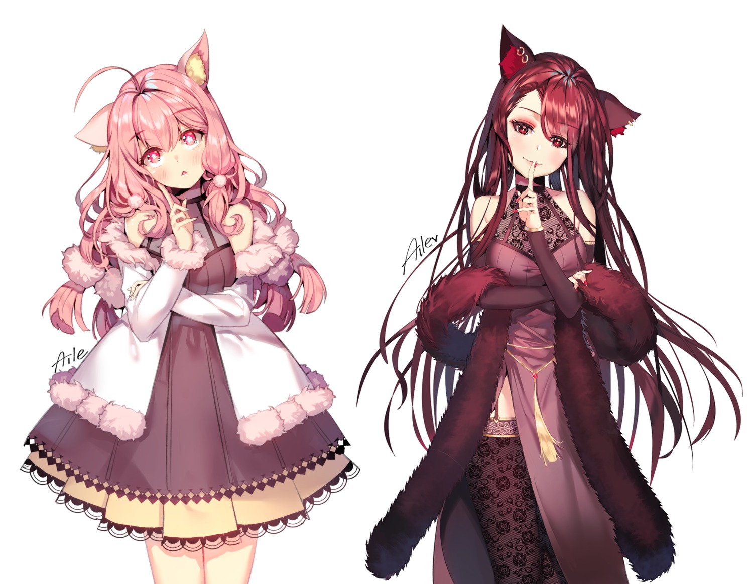 aile_(crossroads) animal_ears breast_hold chinadress dress fishnets see_through stockings thighhighs