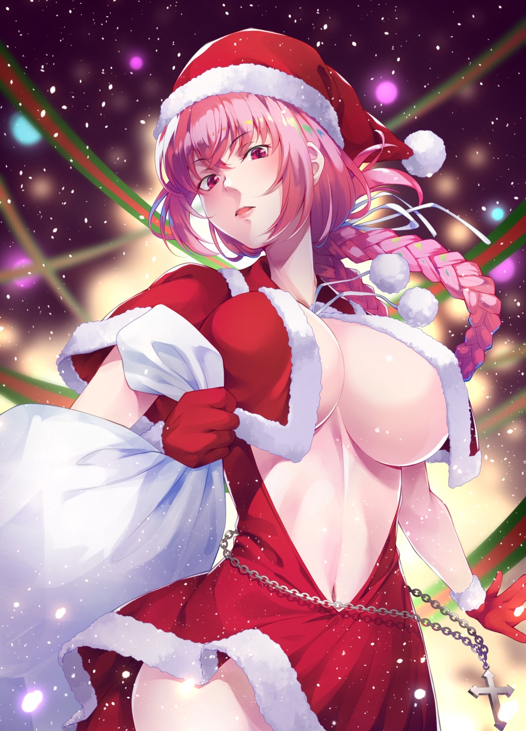 christmas dress fate/grand_order florence_nightingale_(fate) mukunokino_isshiki no_bra open_shirt skirt_lift