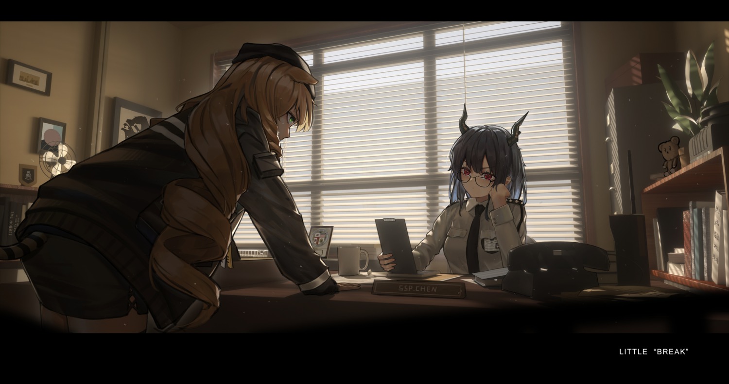 animal_ears arknights ch'en_(arknights) even_(even_yiwen) horns megane police_uniform swire_(arknights)