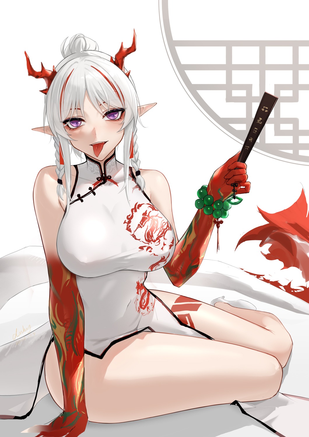 anming arknights chinadress horns pointy_ears tail tattoo