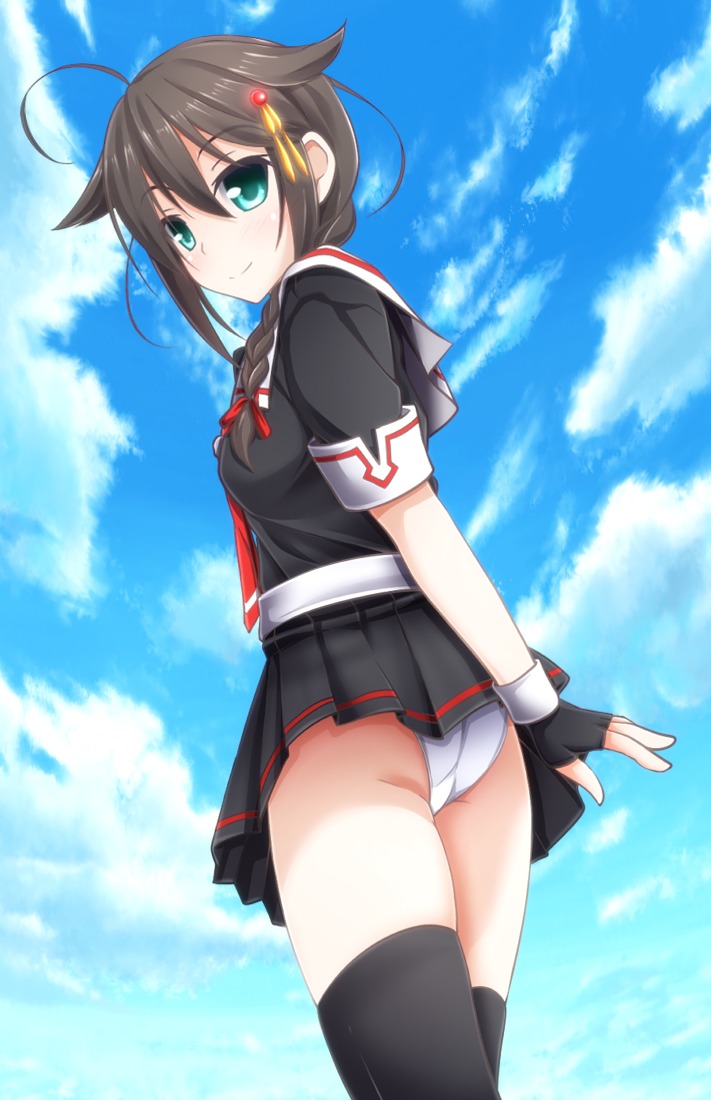 evandragon kantai_collection pantsu seifuku shigure_(kancolle) thighhighs