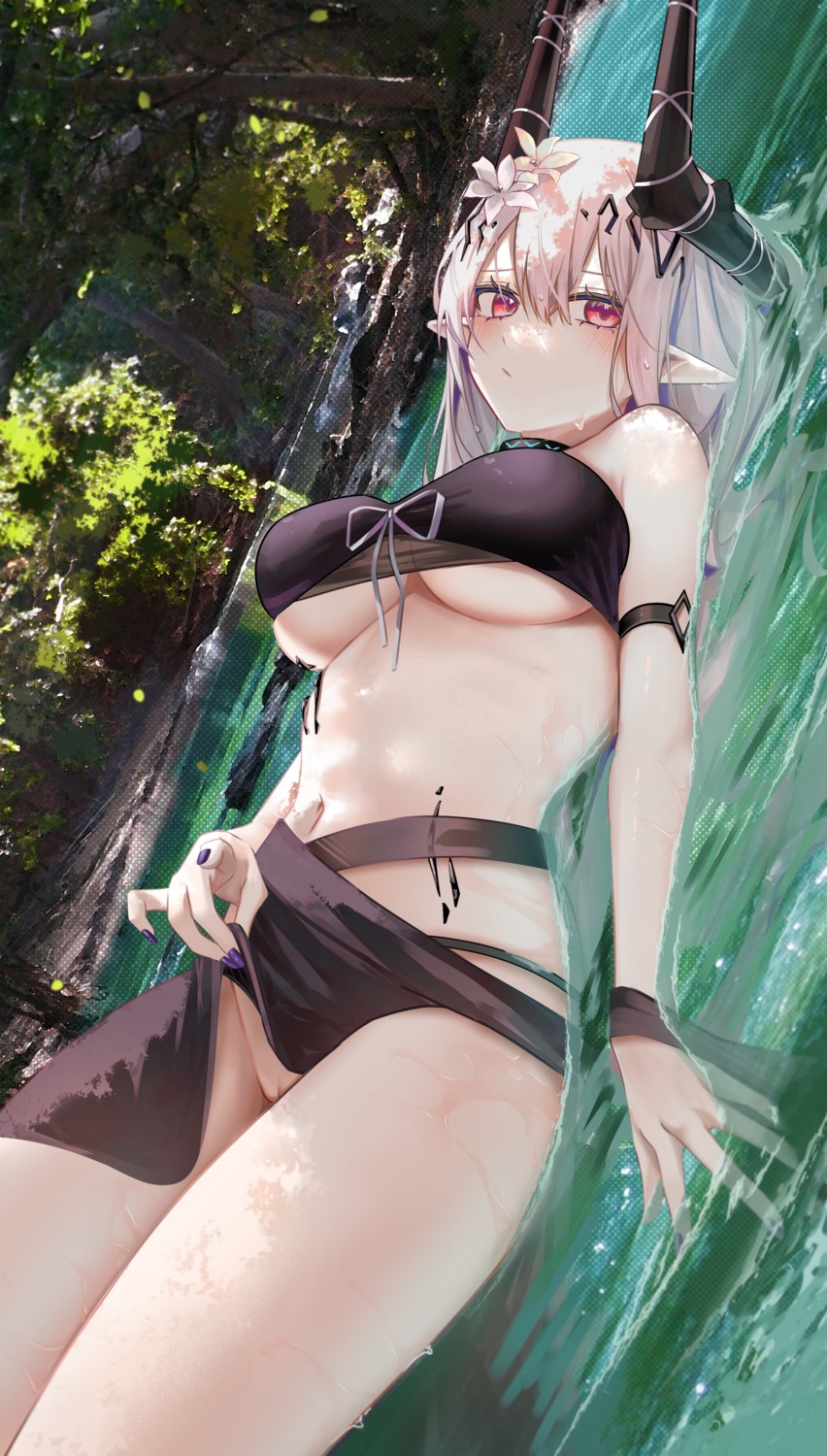 arknights bikini_top horns mudrock_(arknights) nopan pointy_ears pussy ru_zhai see_through skirt_lift swimsuits uncensored underboob wet