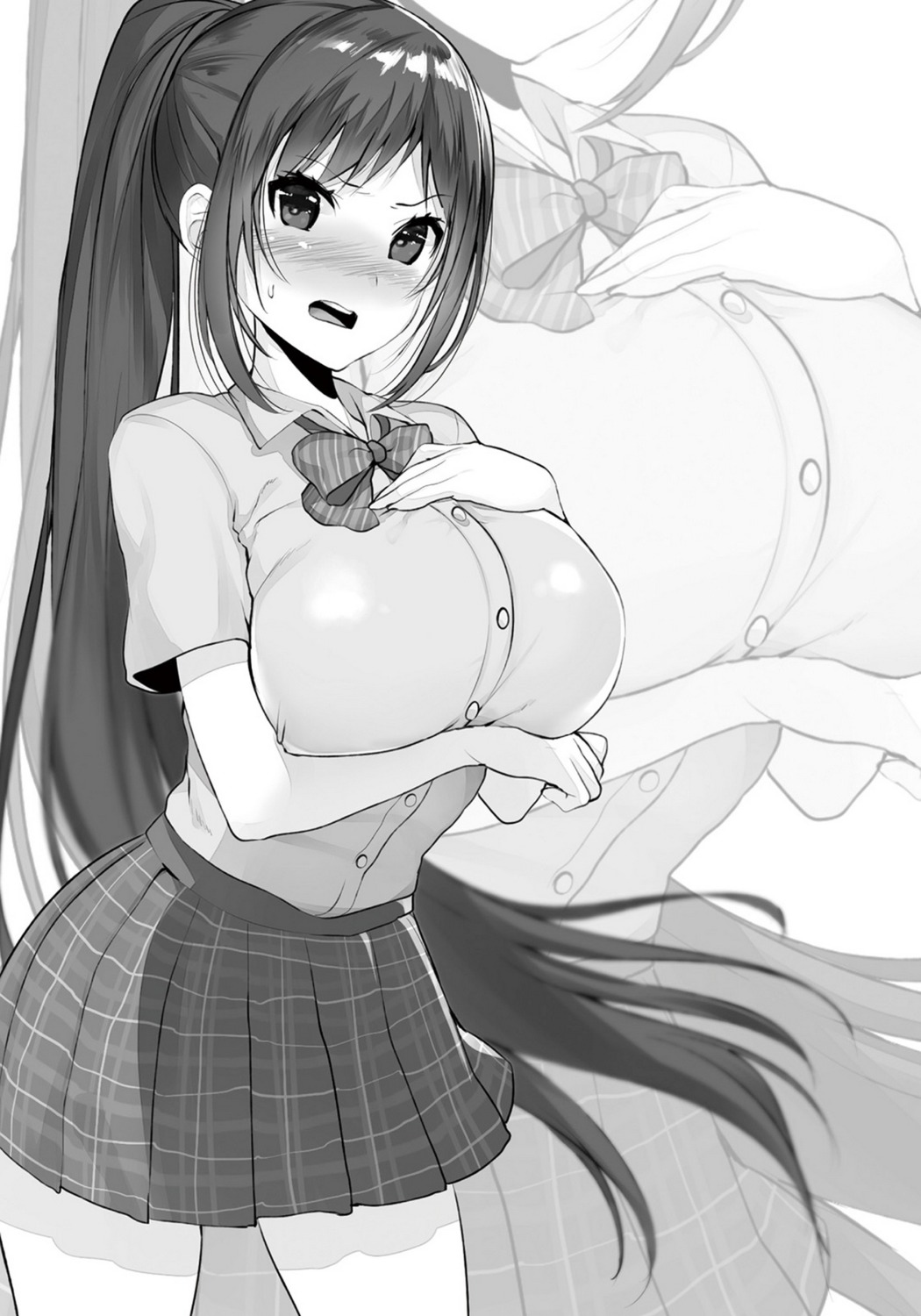 breast_hold matarou monochrome seifuku