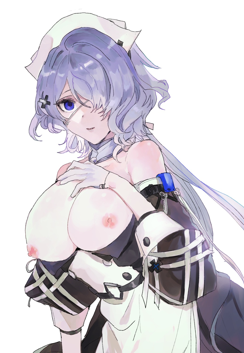 arknights breasts dal-gi eyepatch nipples no_bra nurse open_shirt whisperain_(arknights)