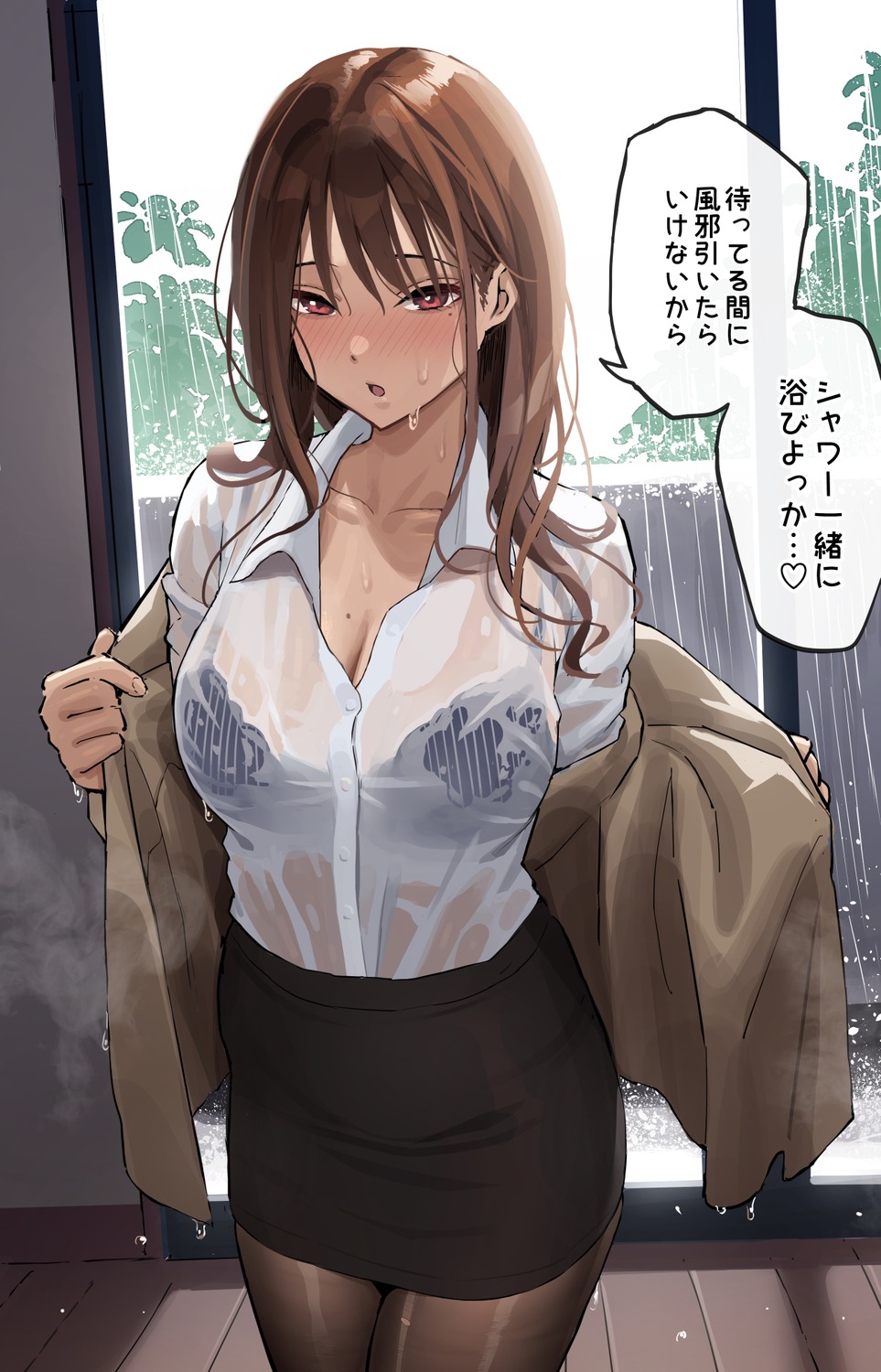 bra dress_shirt pantyhose see_through taniguchi_daisuke undressing wet_clothes