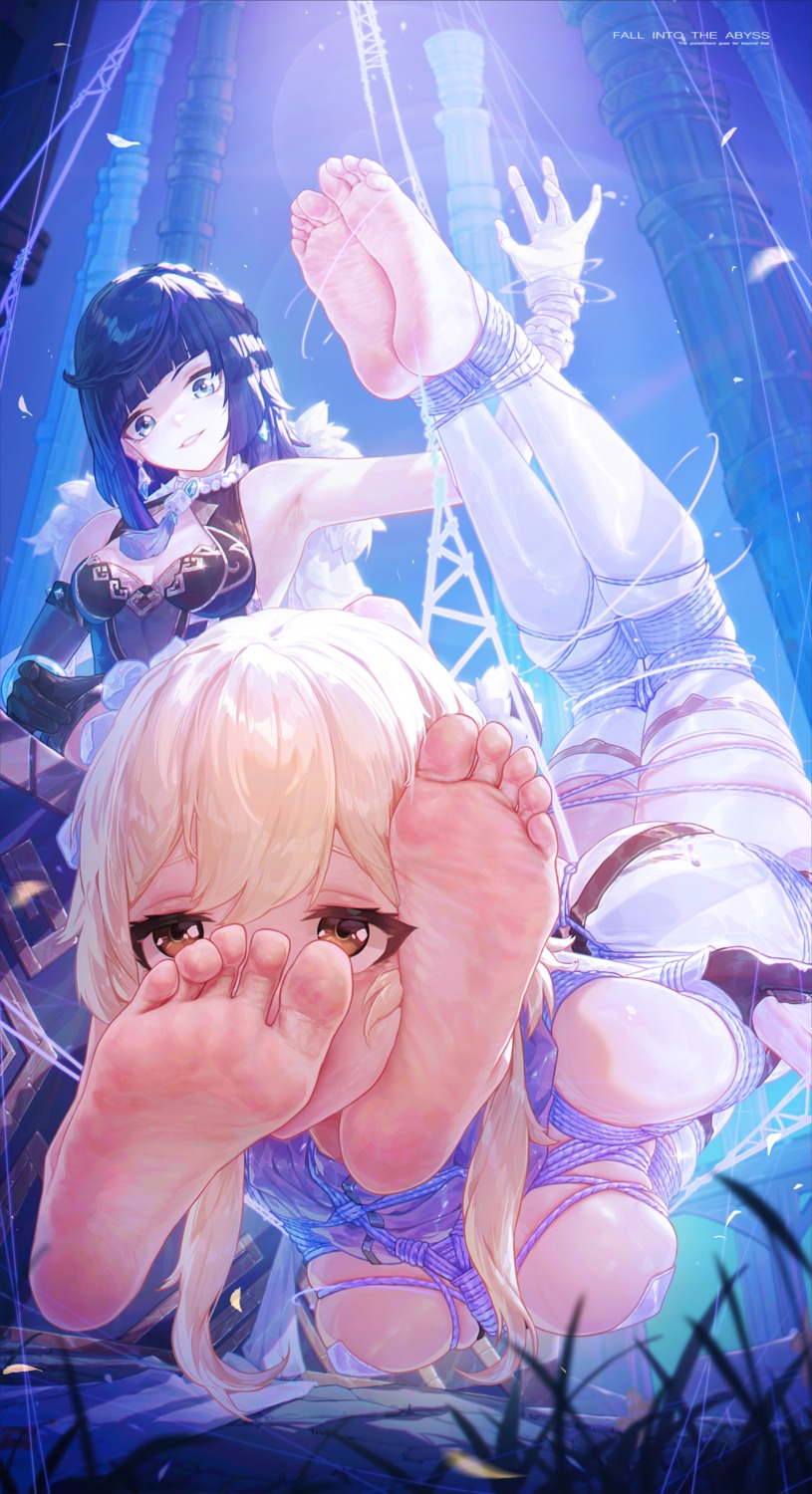 bondage feet genshin_impact icecake lumine no_bra thighhighs yelan yuri