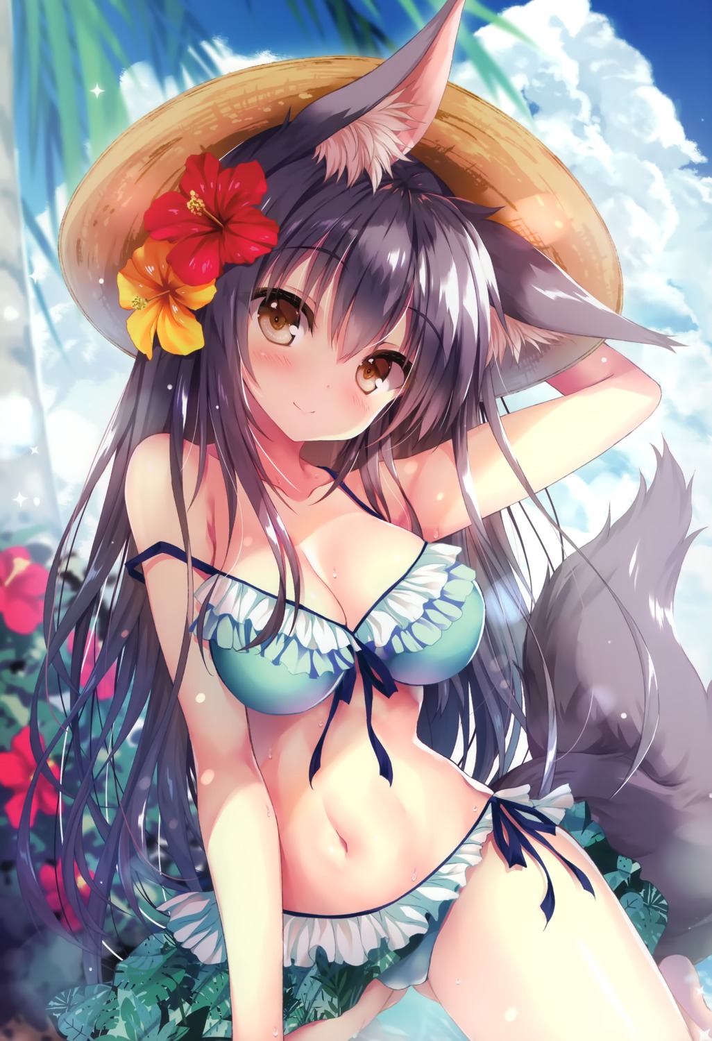 animal_ears bikini cameltoe cleavage kitsune swimsuits tail tateha wardrobe_malfunction wet