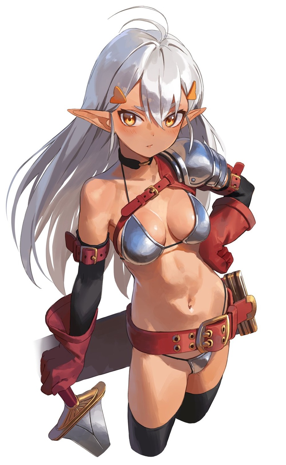 bikini_armor kinta_(distortion) pointy_ears sword thighhighs