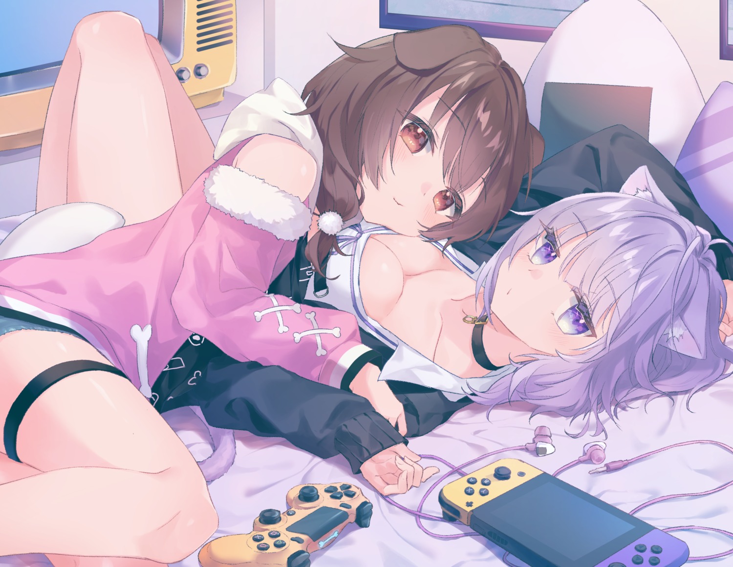 animal_ears garter gintama_10102 hololive hololive_gamers inugami_korone inumimi nekomata_okayu nekomimi no_bra yuri