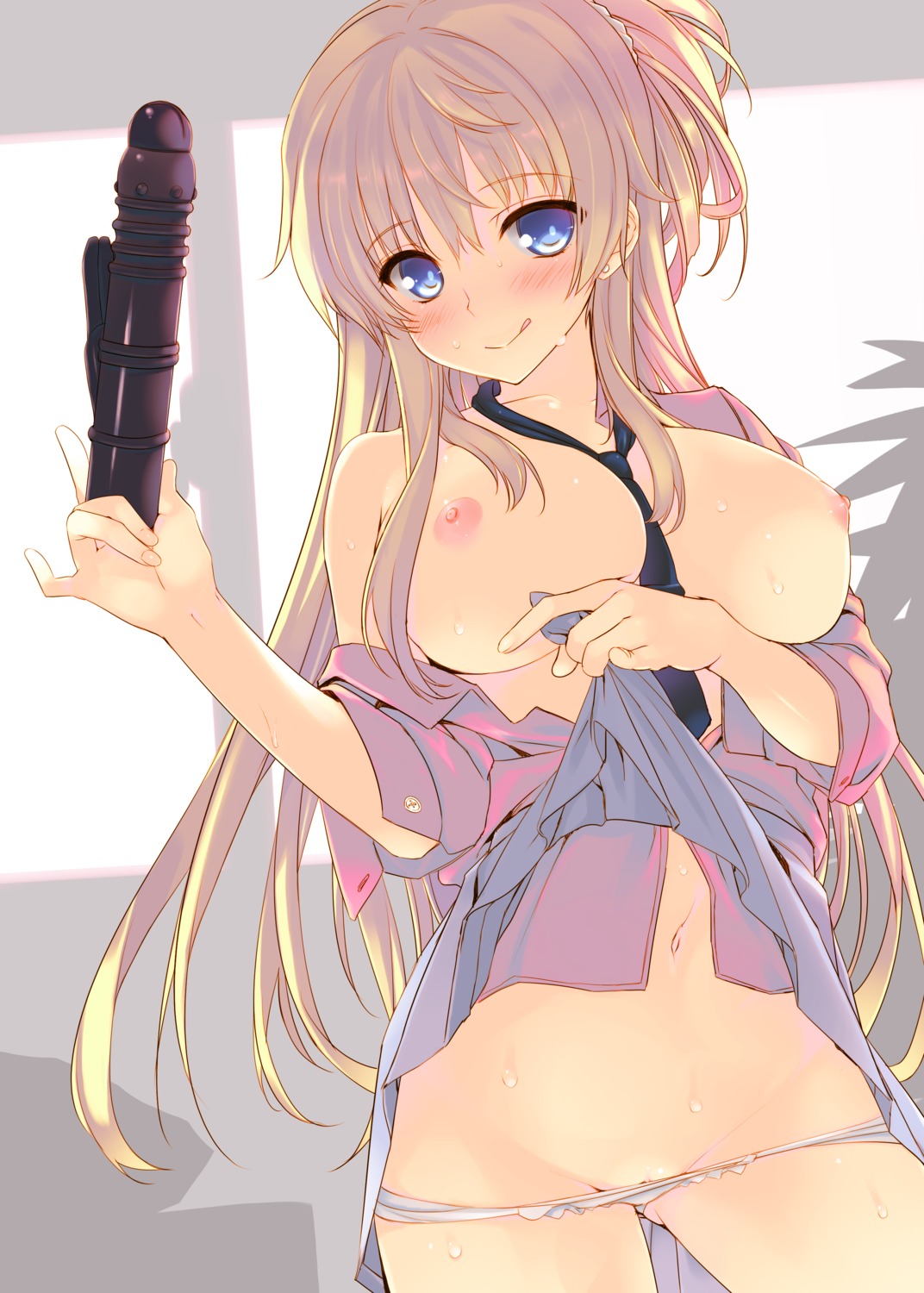 breasts dildo nipples no_bra open_shirt pantsu panty_pull seifuku skirt_lift tatami_to_hinoki