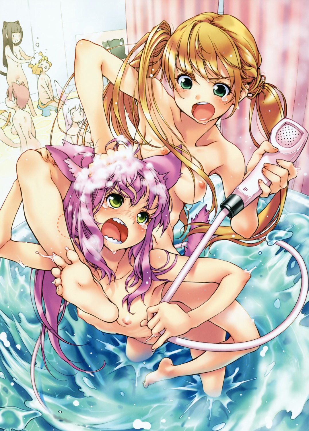 animal_ears bathing bunny_ears naked nekomimi nipples oshare_kyoushitsu wet