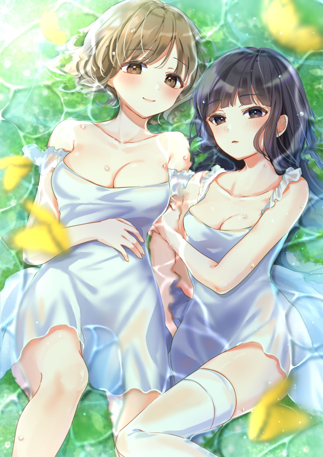 buntason dress no_bra see_through summer_dress thighhighs wet wet_clothes