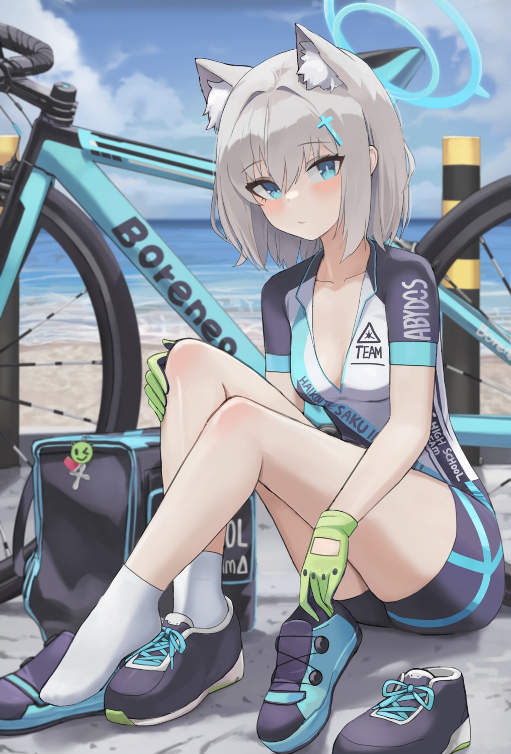 animal_ears bike_shorts blue_archive dolri halo nekomimi no_bra open_shirt sunaookami_shiroko
