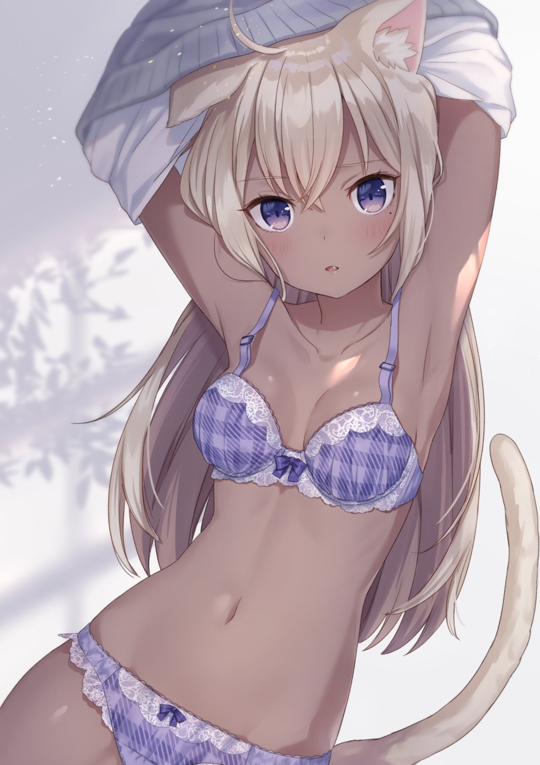 animal_ears bra cleavage jimmy nekomimi pantsu shirt_lift sweater tail undressing