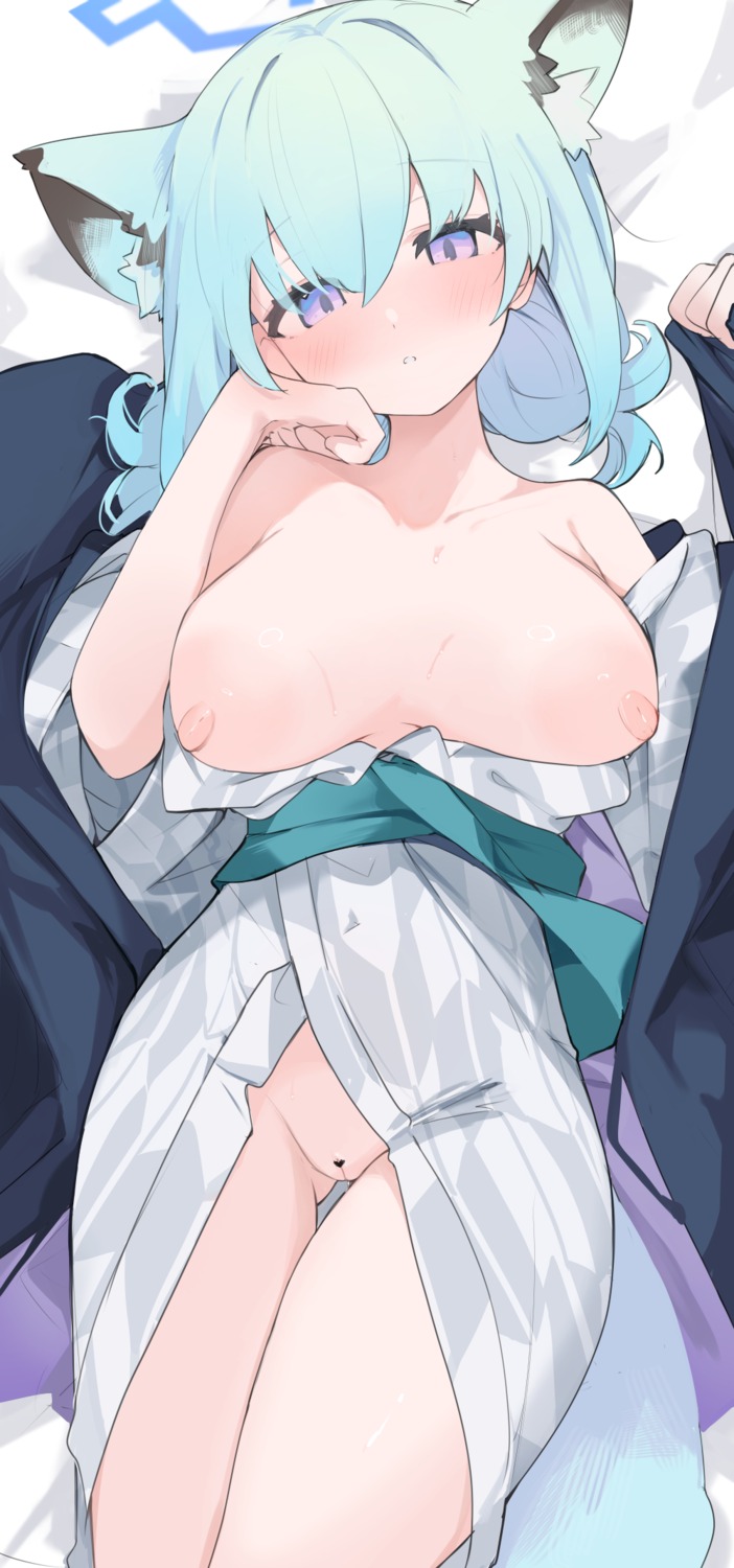 animal_ears blue_archive breasts censored halo mayoi_shigure mikojin nipples no_bra nopan open_shirt pussy yukata