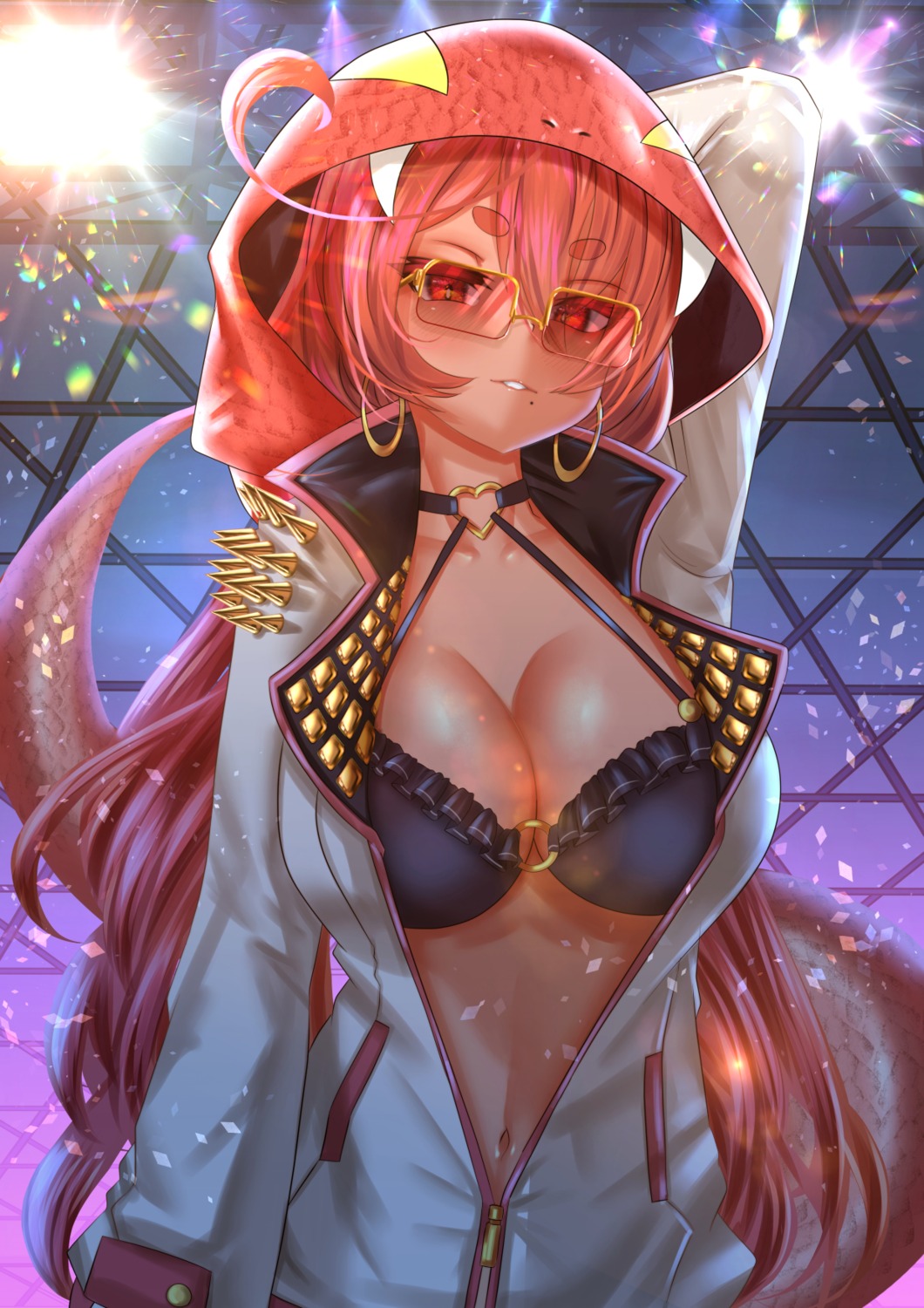 bikini_top megane monster_girl open_shirt swimsuits tagme tail