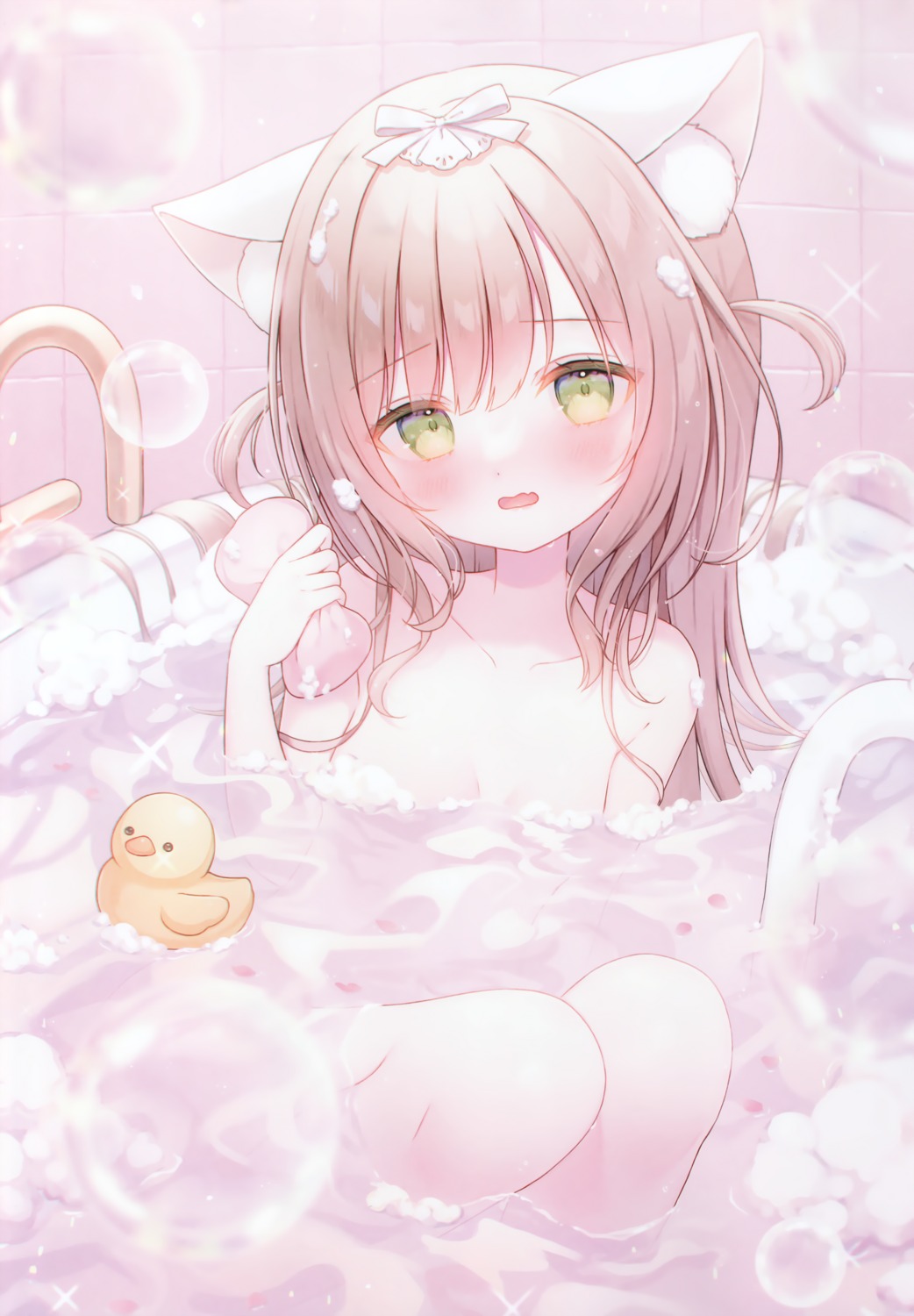 animal_ears bathing cream loli mersugar naked nekomimi omochi_monaka tail wet