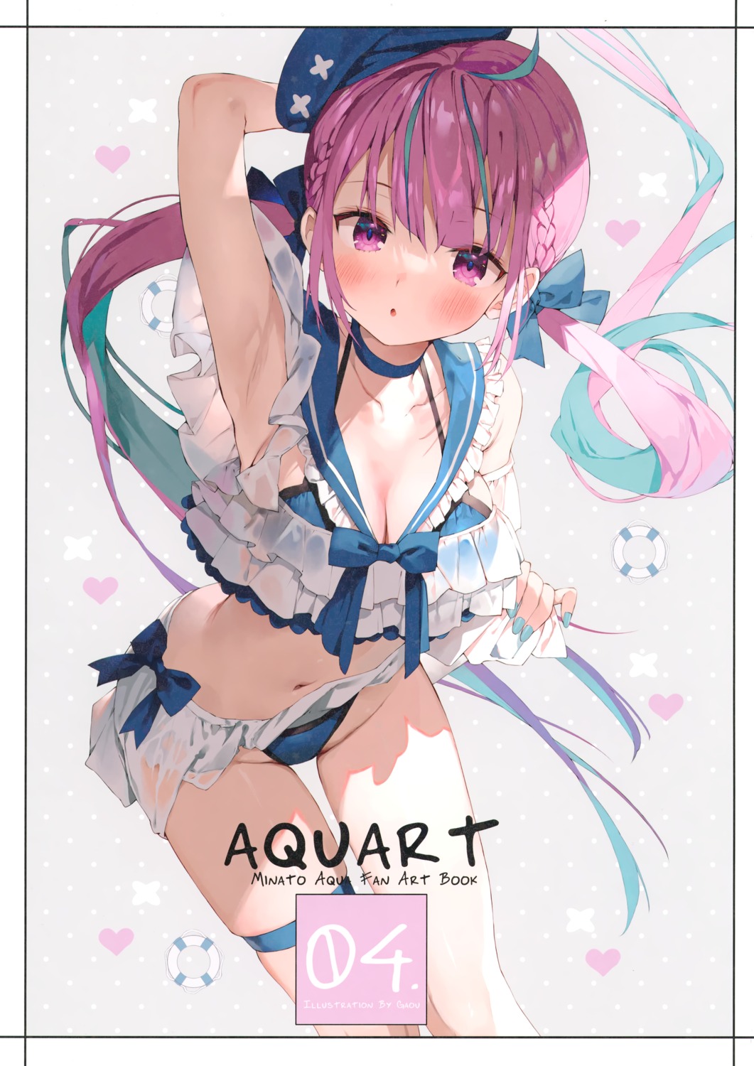 bikini cleavage gaou garter hololive macaron_taitei minato_aqua seifuku skirt_lift swimsuits wet_clothes