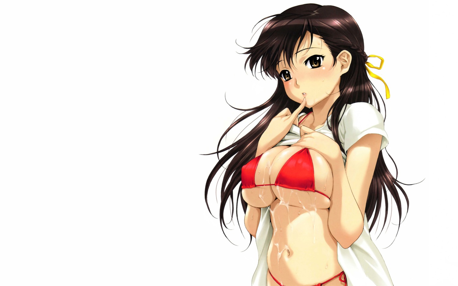 bikini cum erect_nipples happoubi_jin jpeg_artifacts shirt_lift swimsuits wallpaper wet