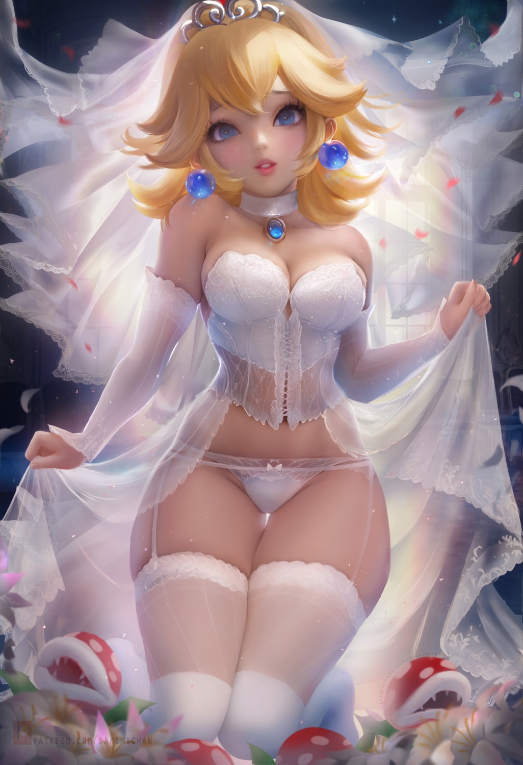 bra cleavage garter_belt lingerie mario_bros. pantsu princess_peach_toadstool sakimichan see_through stockings thighhighs