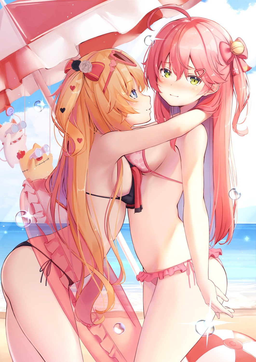 akai_haato bikini hololive megane nyan_(reinyan_007) sakura_miko swimsuits yuri