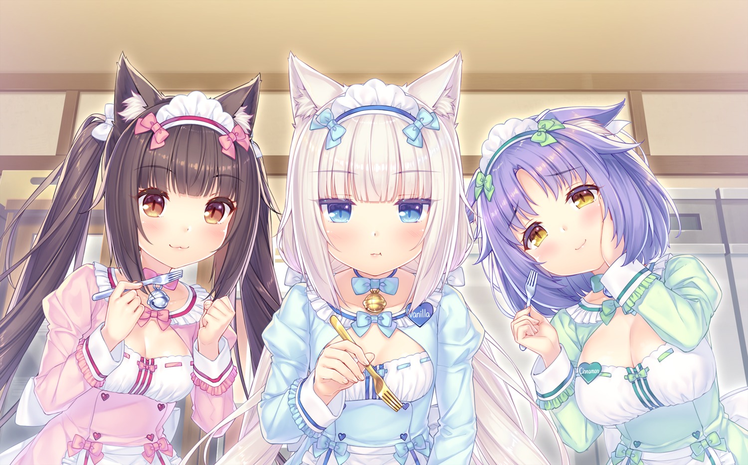 animal_ears chocola cinnamon_(nekopara) cleavage game_cg neko_works nekomimi nekopara sayori vanilla waitress