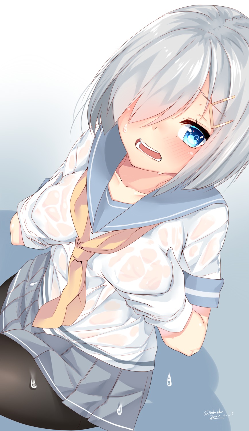 breast_grab hamakaze_(kancolle) kantai_collection nebusoku pantyhose see_through seifuku wet_clothes