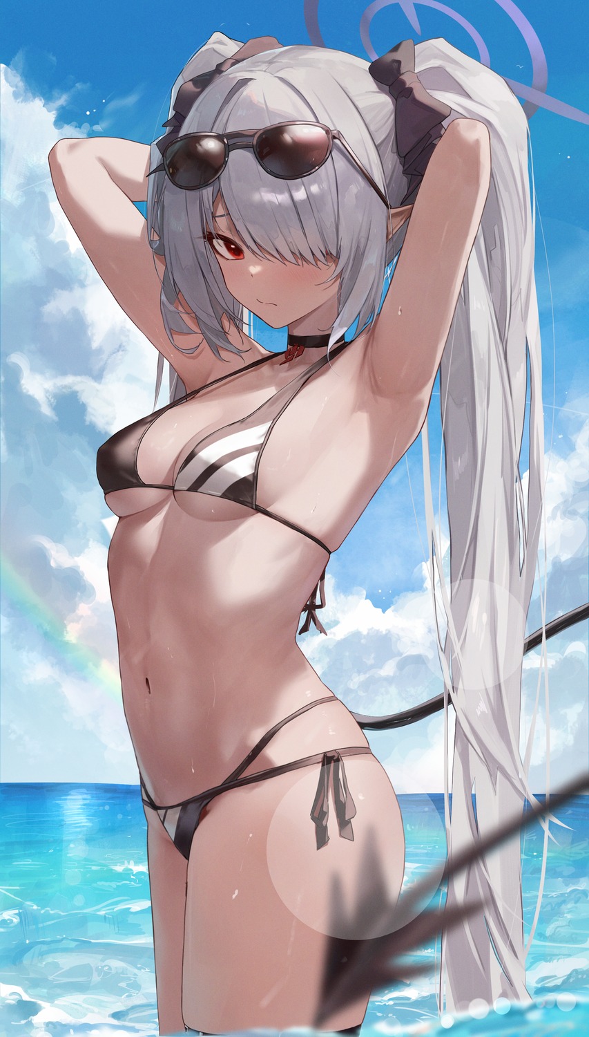 bikini blue_archive devil garter halo megane pointy_ears shiromi_iori swimsuits tail toi1et_paper wet