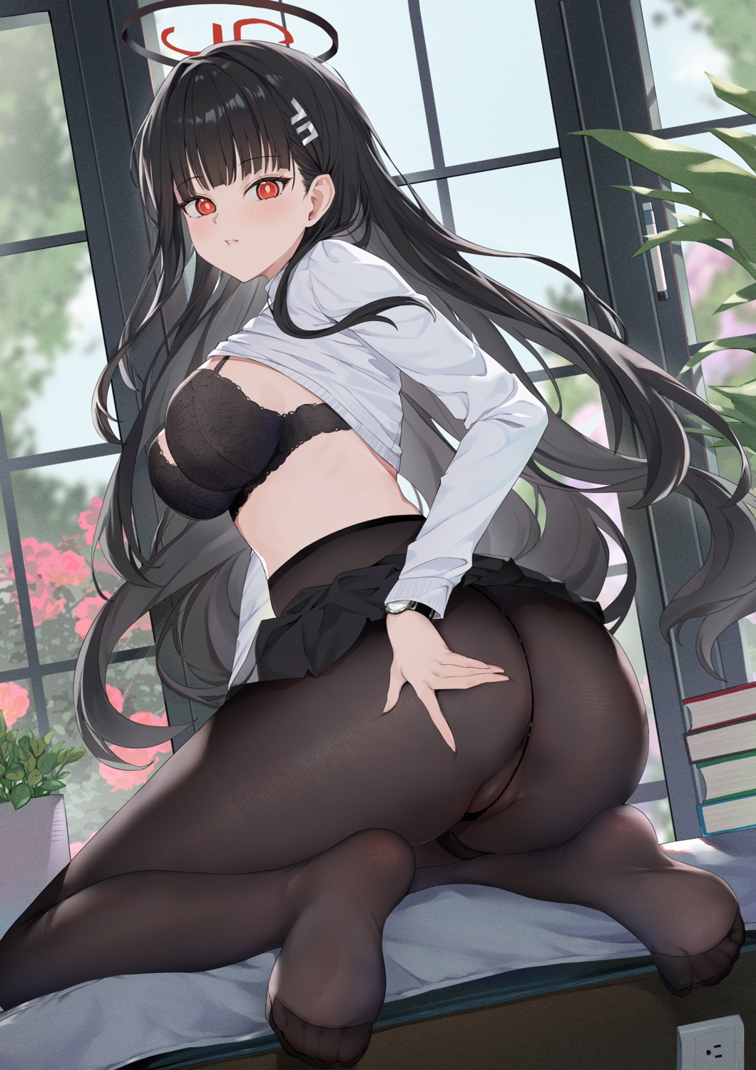 anus ass blue_archive bra feet garter halo kizuna pantsu pantyhose see_through shirt_lift skirt_lift sweater thong tsukatsuki_rio