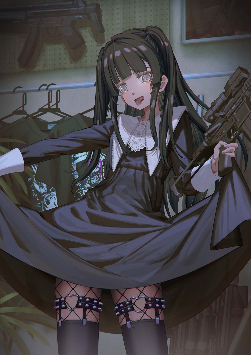 dress fishnets garter gun hironii_(hirofactory) pantyhose skirt_lift stockings thighhighs