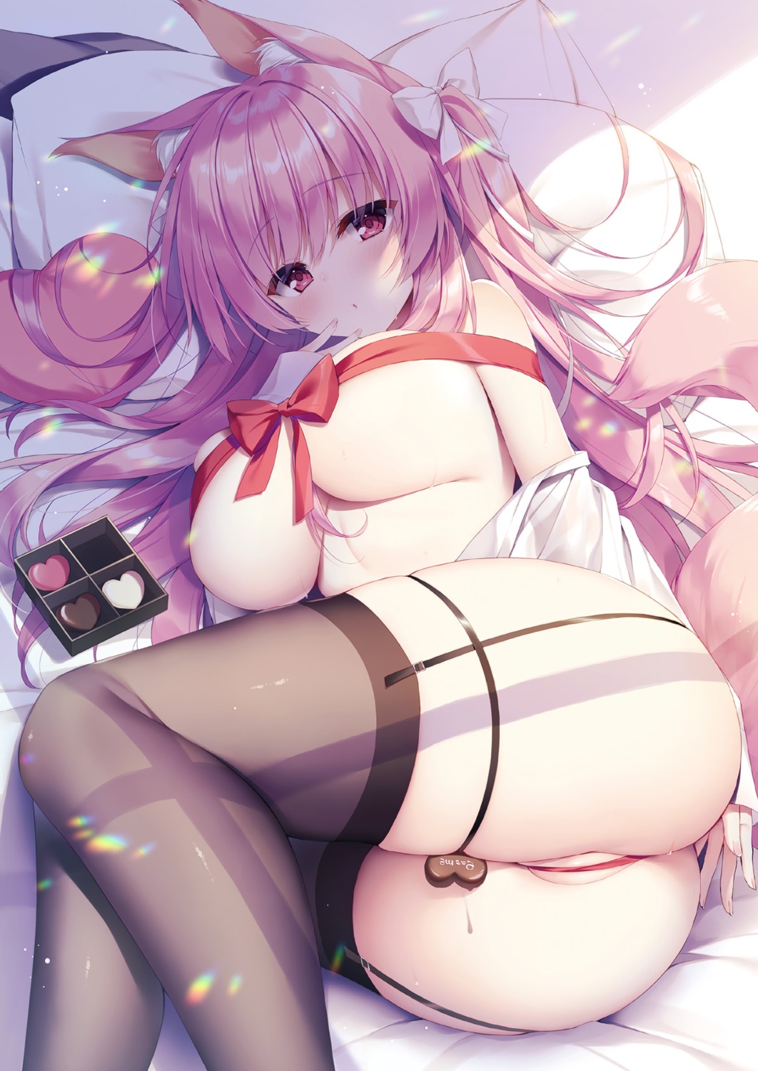 animal_ears detexted garter kitsune naked_ribbon stockings tail thighhighs valentine yatanuki_kei