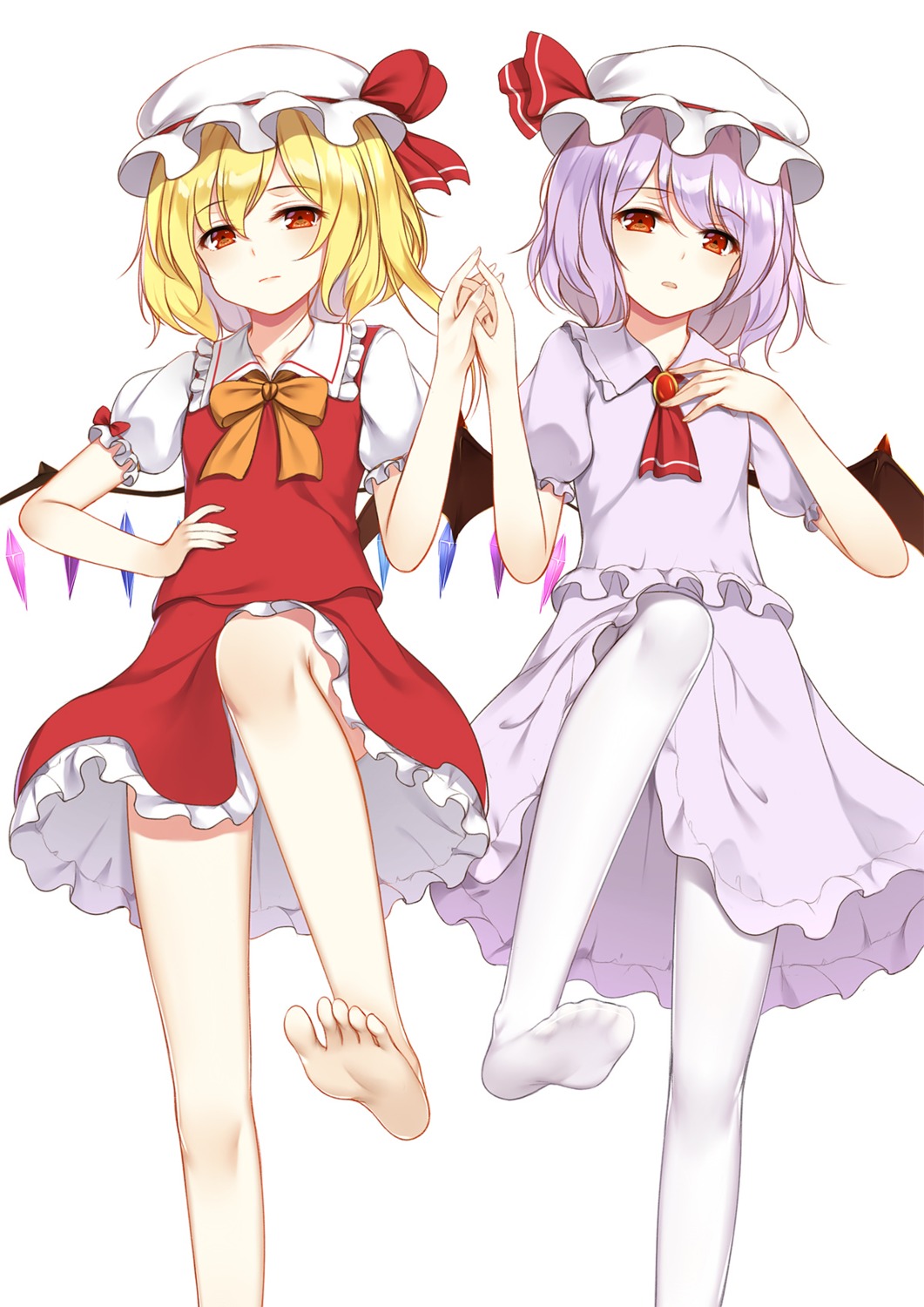 feet flan_(seeyouflan) flandre_scarlet pantyhose remilia_scarlet skirt_lift touhou wings