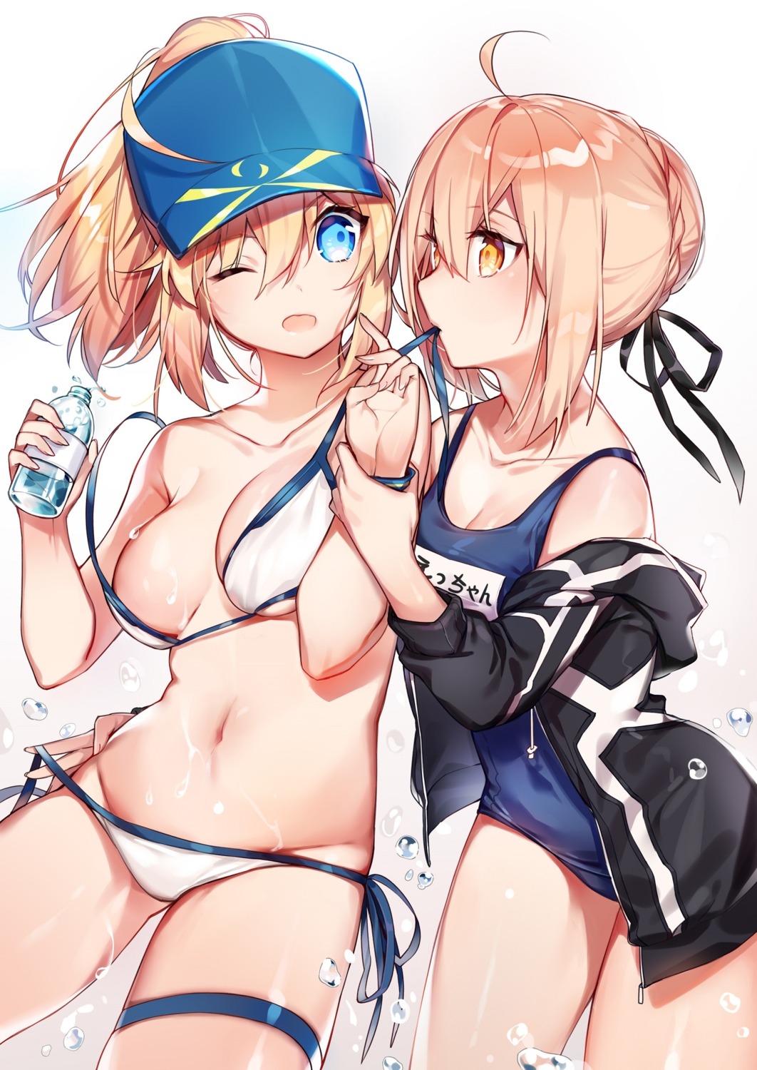 breasts cleavage fate/grand_order garter heroine_x_alter heroine_xx kamiowl panty_pull school_swimsuit swimsuits undressing wardrobe_malfunction yuri