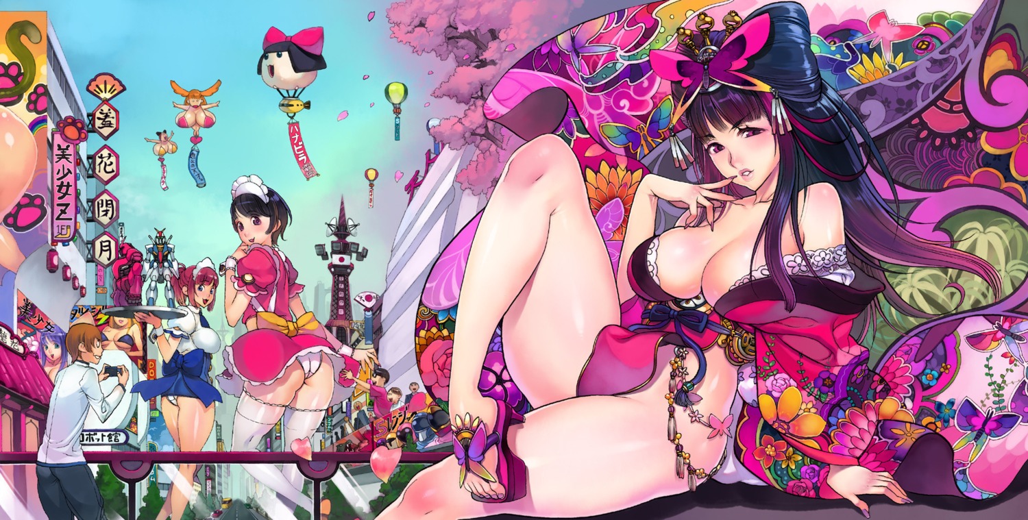 cleavage f.s kimono nopan pantsu thighhighs waitress