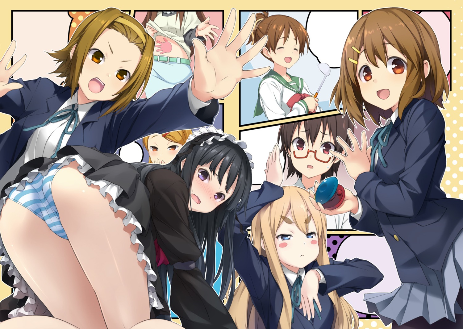 akiyama_mio ass hirasawa_ui hirasawa_yui k-on! kotobuki_tsumugi megane pantsu pantyhose sakana seifuku shimapan shirt_lift skirt_lift sokabe_megumi tainaka_ritsu yamanaka_sawako