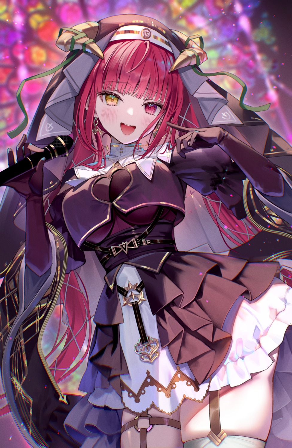 detexted garter heterochromia hololive horns houshou_marine no_bra nun samo_cha stockings thighhighs