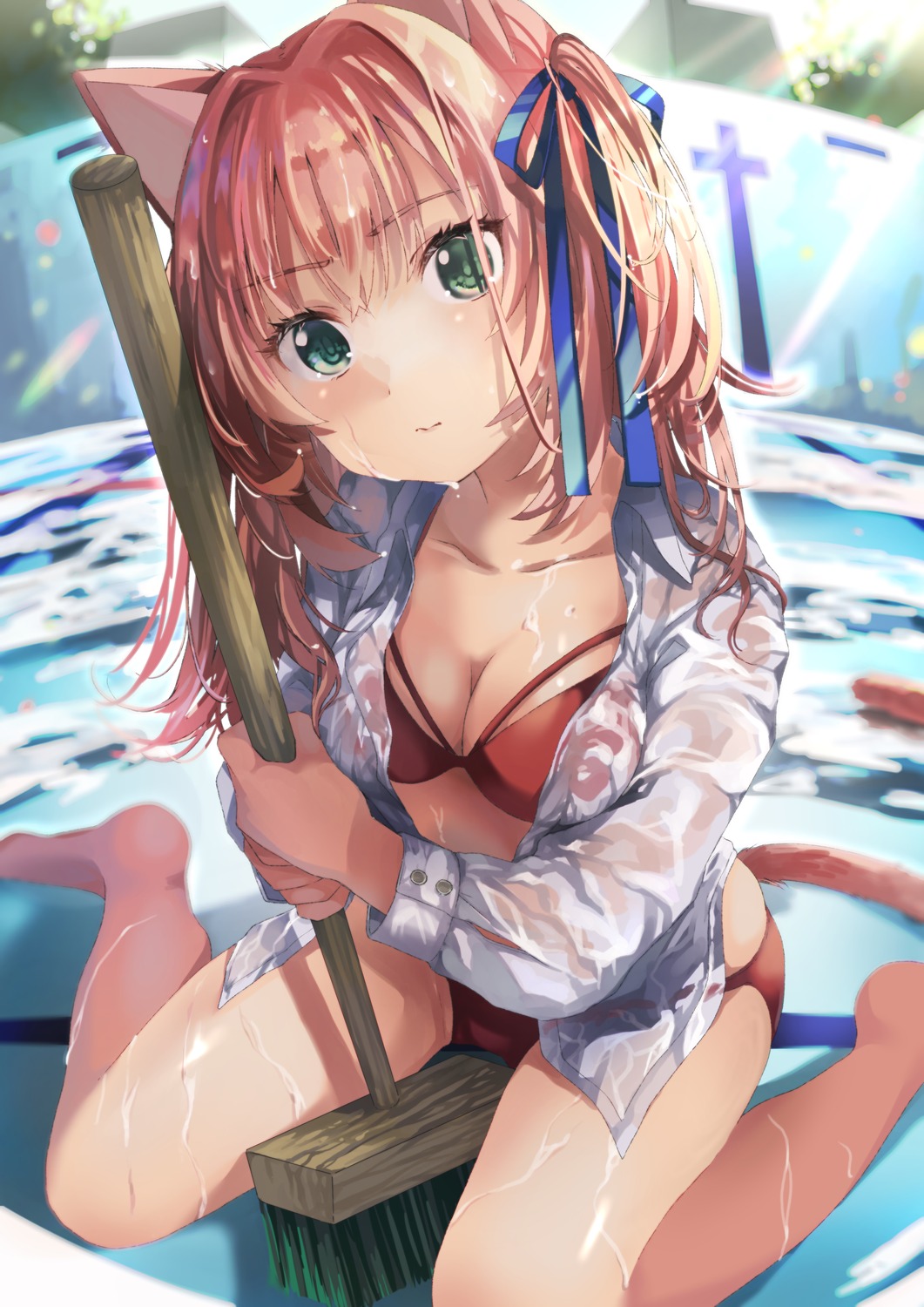 animal_ears bikini hiromi_yuki nekomimi open_shirt see_through swimsuits tail wet_clothes