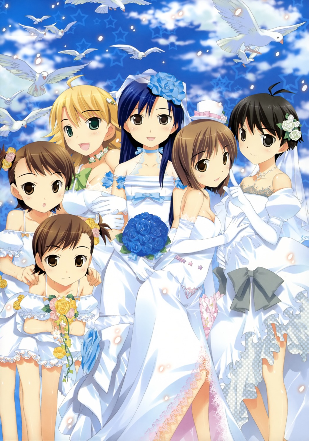 cleavage dress fujima_takuya futami_ami futami_mami hagiwara_yukiho hoshii_miki kikuchi_makoto kisaragi_chihaya the_idolm@ster the_idolm@ster_break! wedding_dress