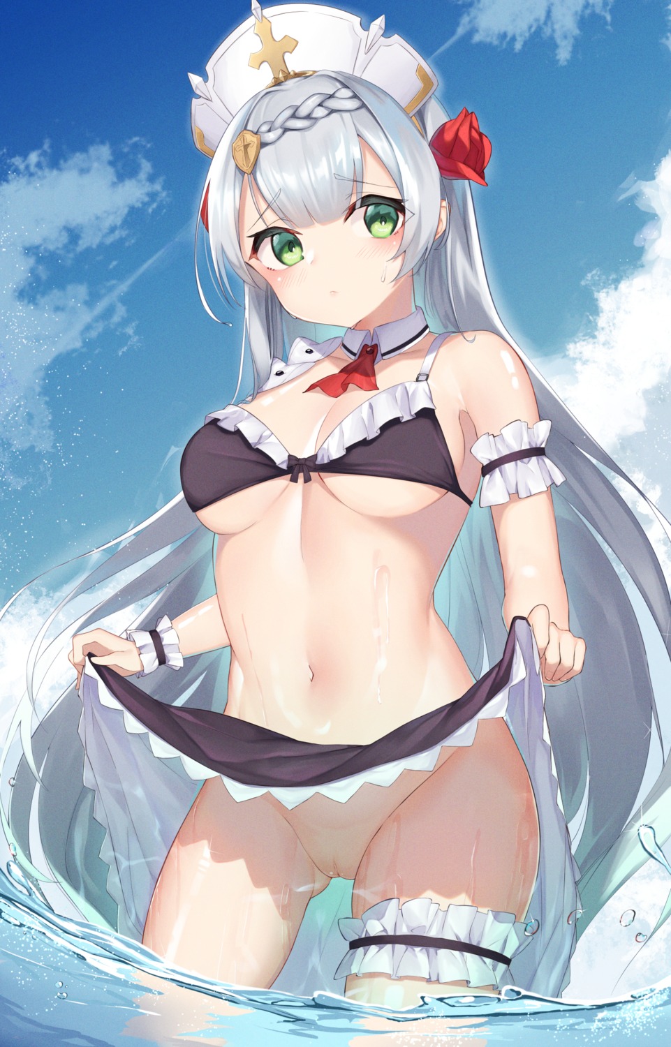 bikini_top garter genshin_impact maid noelle_(genshin_impact) nopan pussy skirt_lift swimsuits uncensored wet yatsucchie