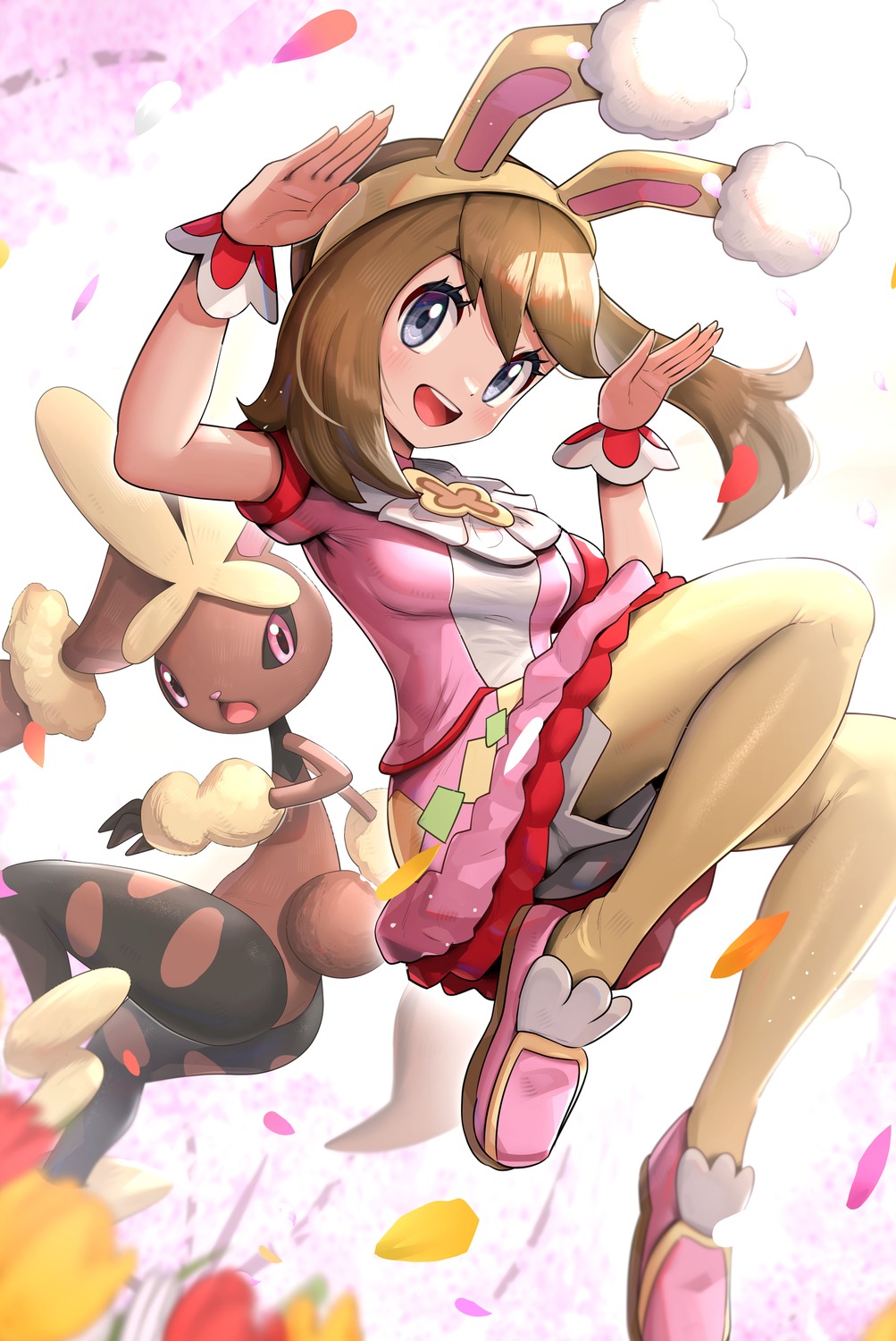 animal_ears bloomers bunny_ears cosplay dress gonzarez haruka_(pokemon) lopunny mega_lopunny pantyhose pokemon pokemon_masters_ex pokemon_oras pokemon_rse skirt_lift