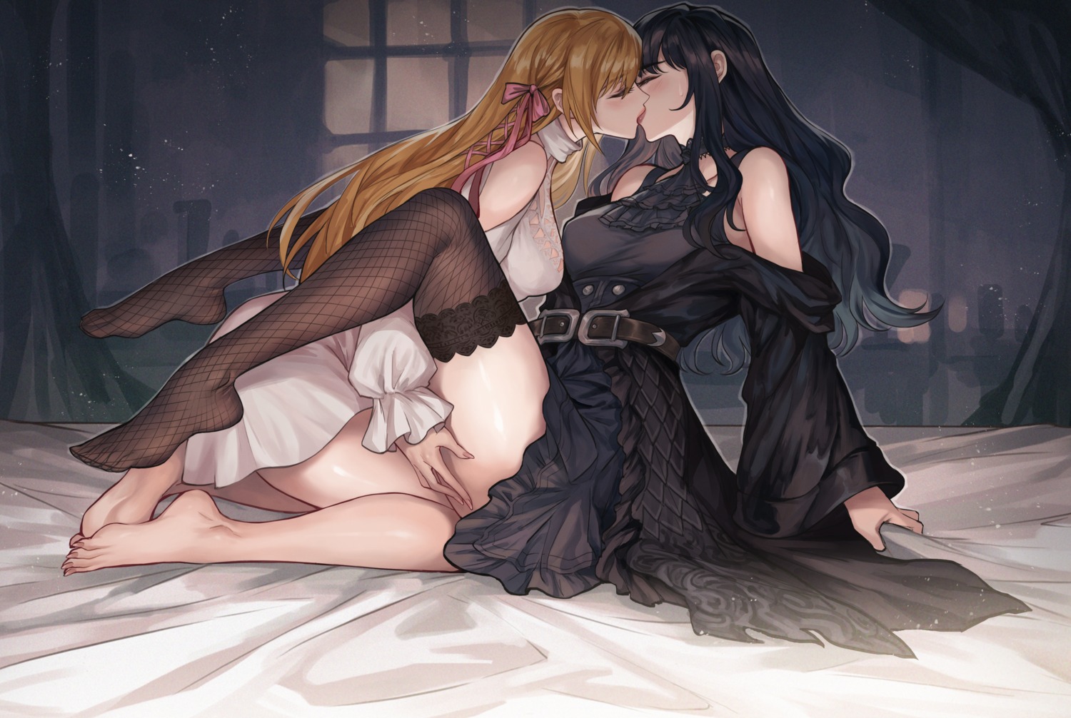 dress final_fantasy final_fantasy_xiv fishnets gaia_(final_fantasy_xiv) kacyu ryne skirt_lift thighhighs yuri