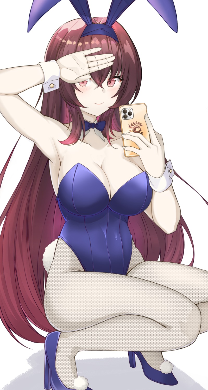 animal_ears bunny_ears bunny_girl fate/grand_order fishnets heels no_bra o-los pantyhose scathach_(fate/grand_order) tail