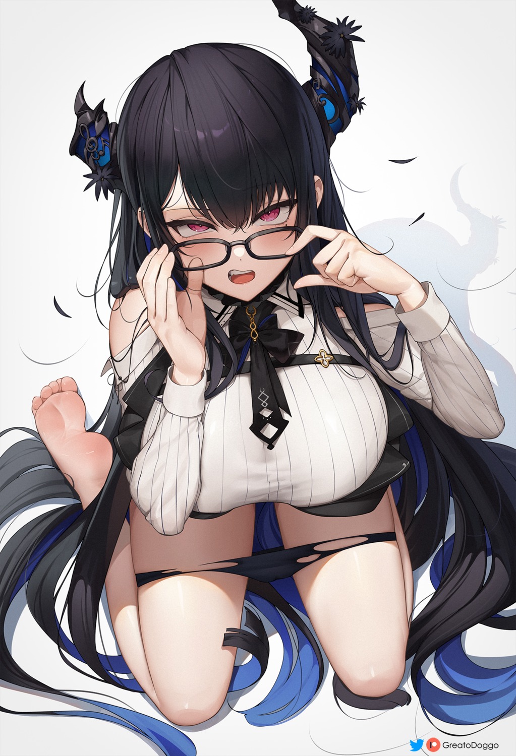 feet greatodoggo hololive hololive_english horns megane nerissa_ravencroft pantsu panty_pull torn_clothes