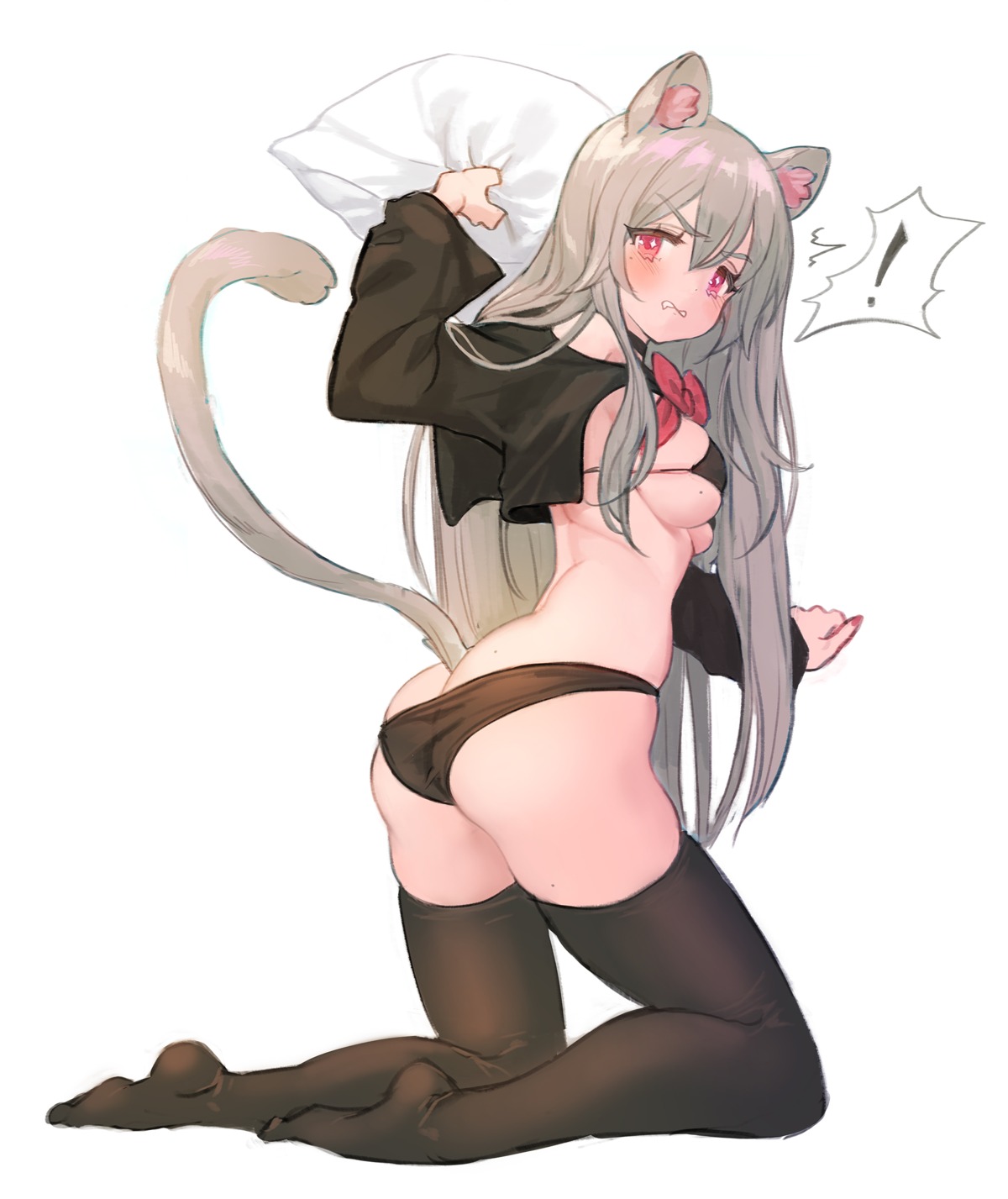 animal_ears ass bikini kuzel_(bonolangje) nekomimi open_shirt panty_pull swimsuits tail thighhighs